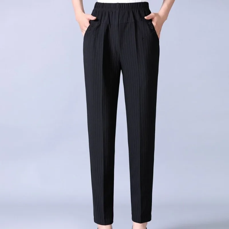 2023 Autumn and Winter Women's High Waist Elastic Button Pockets Striped Slim Fashion Casual Elegant Commuter Straight Leg Pants