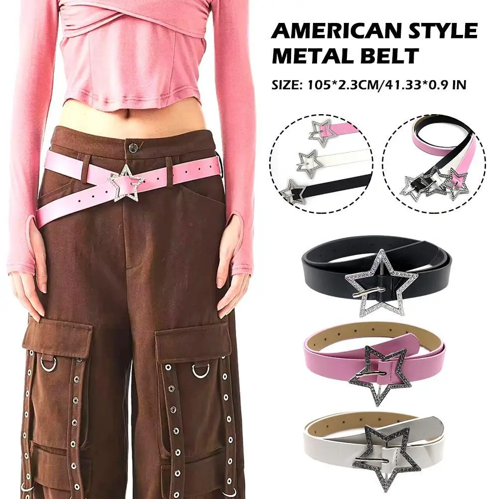 

Hollow Bling Pentagram Belt With Rhinestone Women Spicy Girls Y2K Pink White Belt PU Leather Korean Fashion For Dress Jeans Belt