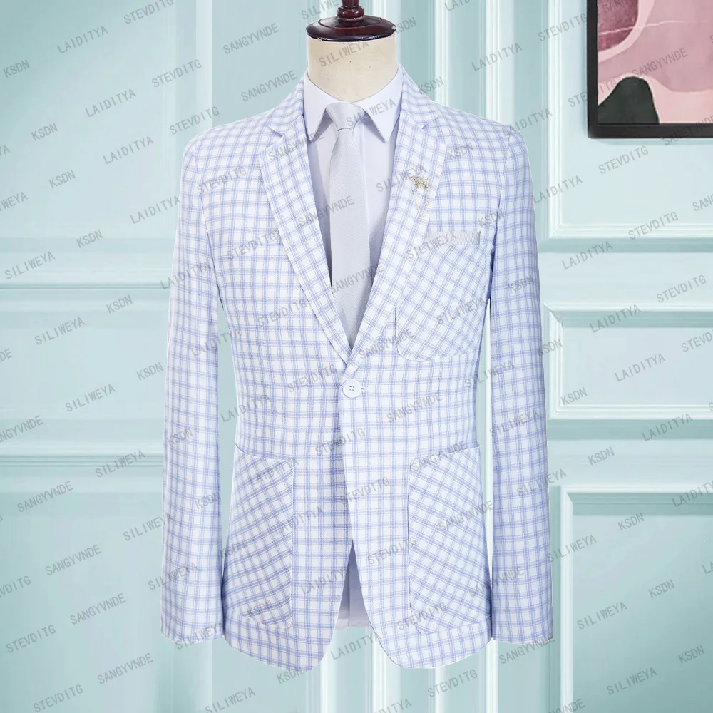 

Wedding Men Suit Set Blazer For Male White Blue Mixed Plaid Notched Lapel Leisure Beach Party One Piece Slim Fit 2023