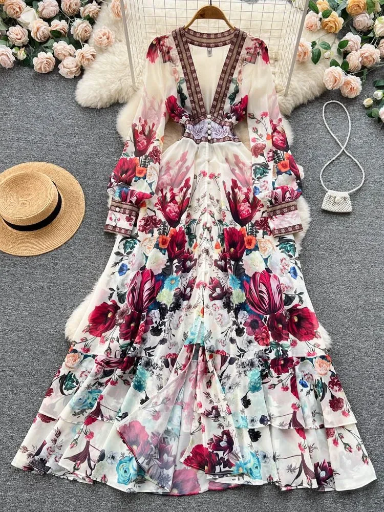 

New Fashion Runway Gorgeous Flower Chiffon Cascading Ruffles Dress Women Deep V Neck Long Sleeve Floral Print Boho Robe Vestido