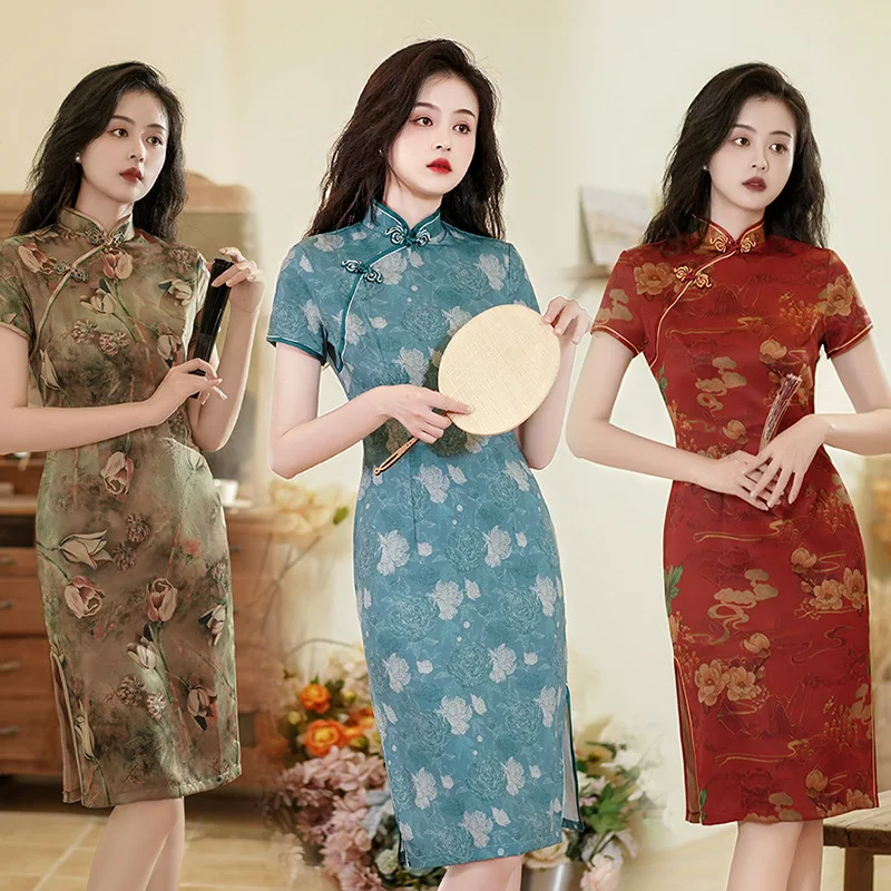 Tradizionale Sexy Qipao moderno stampato Cheongsam estate giovane migliorato elegante donna abiti cinesi