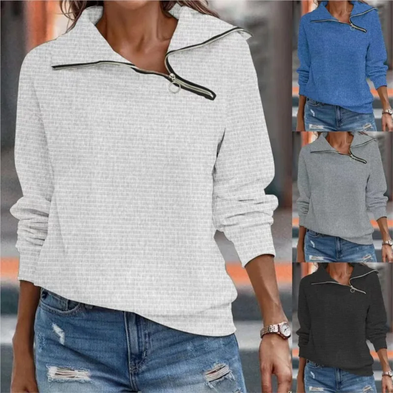 

Spring /Autumn New Women's Retro Casual Oblique Neck Zipper Solid Color Hoodies Fashion Long Sleeve Pullover Y2k Clothes