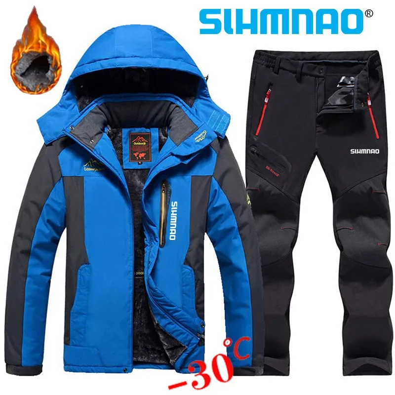 Fisherman's Men's Fishing Suit Set Windproof Waterproof Thickened Cashmere Warm Snow Jacket Winter Skiing Jacket and Fishing Pants Set