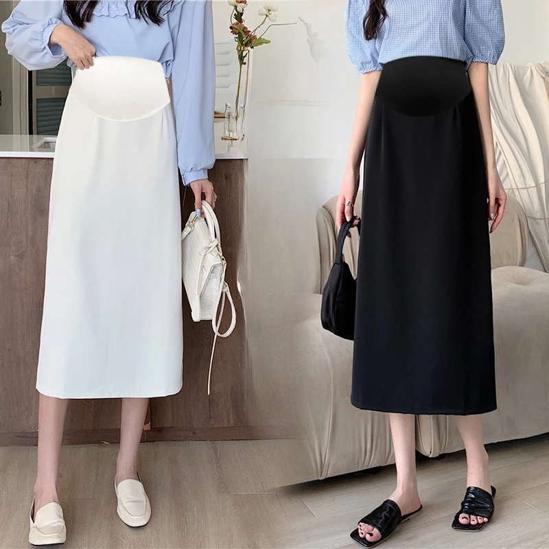 Korean Style Summer Solid Color Maternity Skirt Back Split High Waist Pregnant Woman Tailored Skirt Lady Elegant Formal Skirts