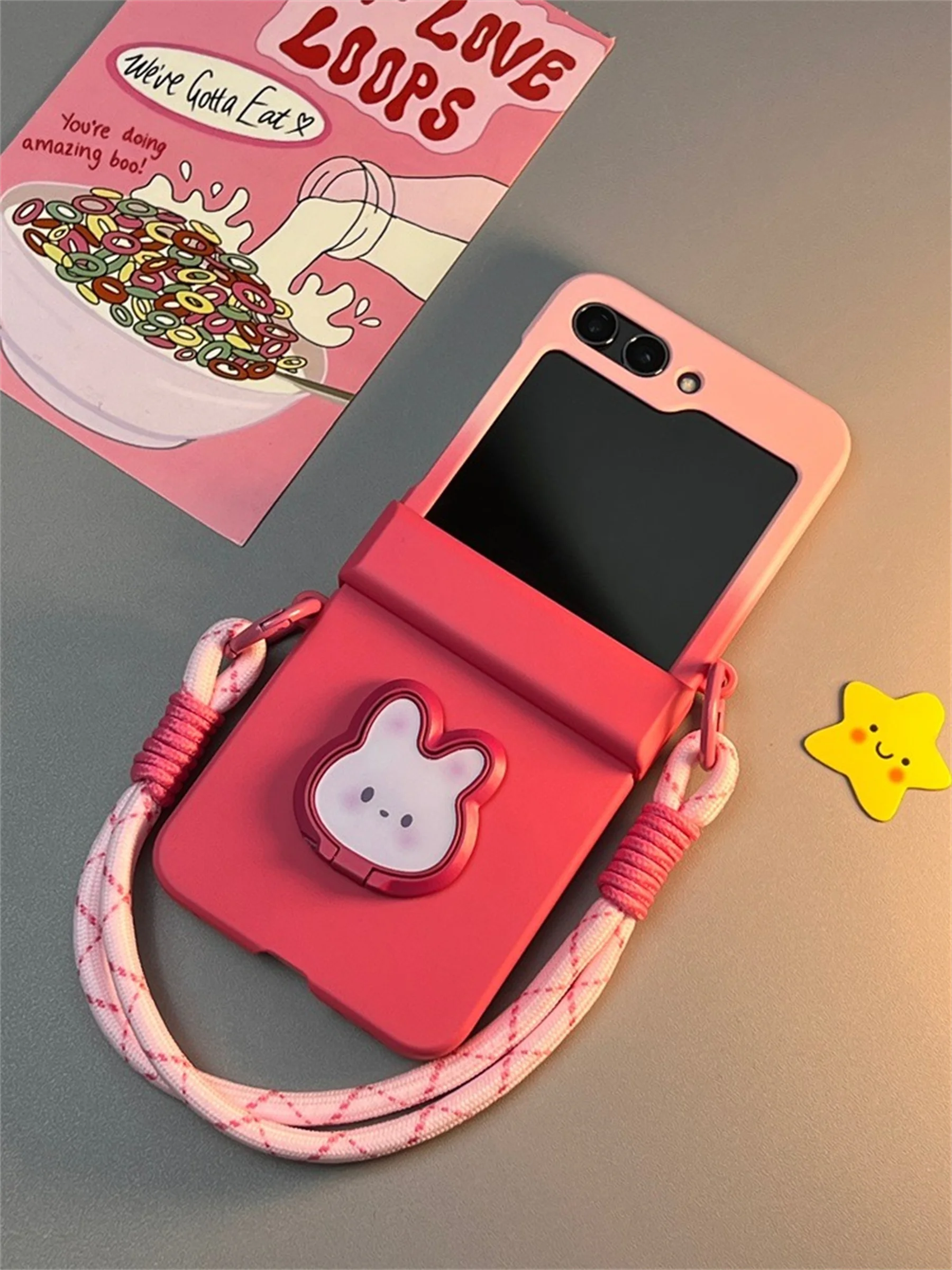 Luxury Cute Gradient Pink Phone Case with Bunny Rabbit Bracket and Hand Strap