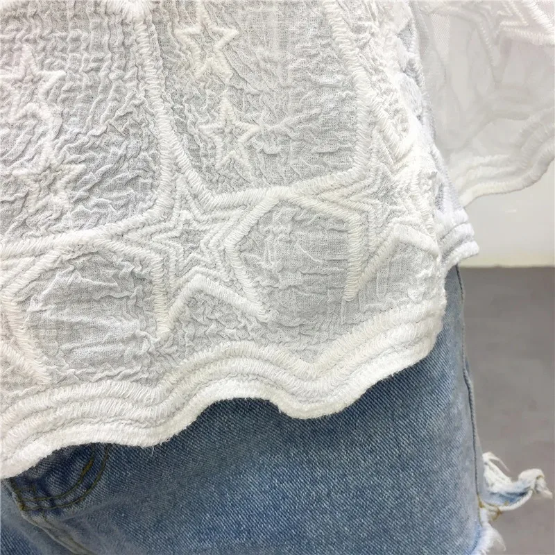 Embroidery Lace White Shirt Woman Summer 2025 Flare Sleeve Elegant Blouse Women Blusas Casual O-neck Tops Female Clothing 25897