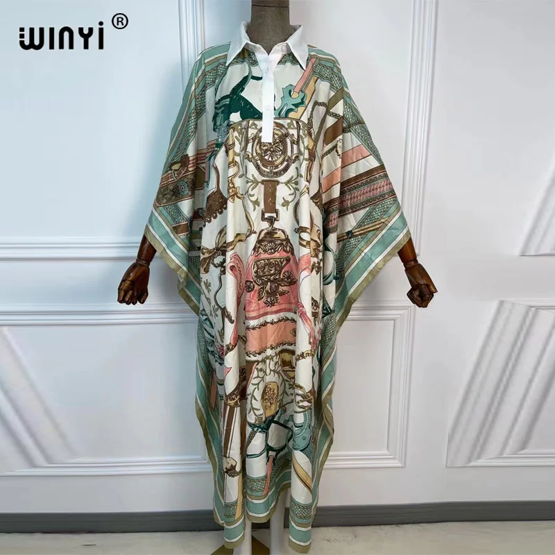 

2021 WINYI Dress Women Elegant sukienka over size Bohemian Style Print Long Lapel Collar Pleated New Autumn Fashion