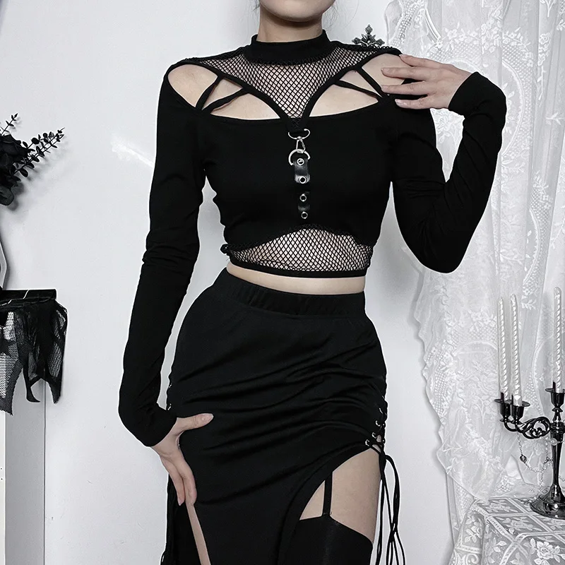Женский сетчатый корсет Goth, черный укороченный Топ с длинным рукавом ...