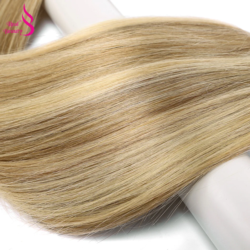Fasci di tessuto brasiliano per capelli lisci biondo platino di vera bellezza 14 "-28" estensioni dei capelli Remy ad alto rapporto marrone # 4 Biondi P6/613 # - immagine 4