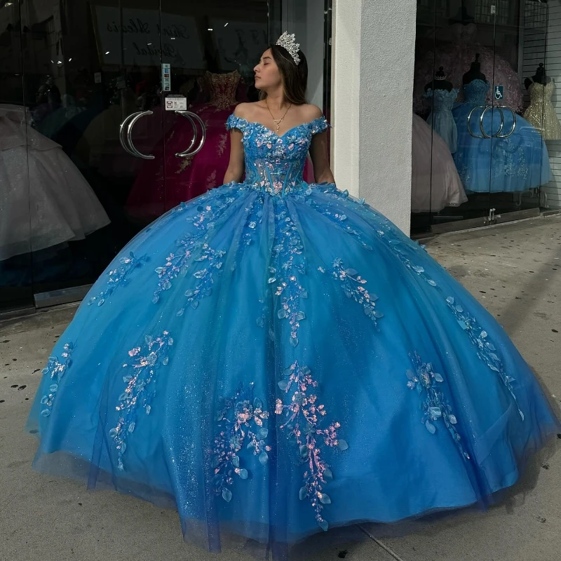 

Mexico Blue Off The Shoulder Ball Gown Quinceanera Dress For Girl Beaded Applique Lace Birthday Party Gowns Prom Dresses Sweet