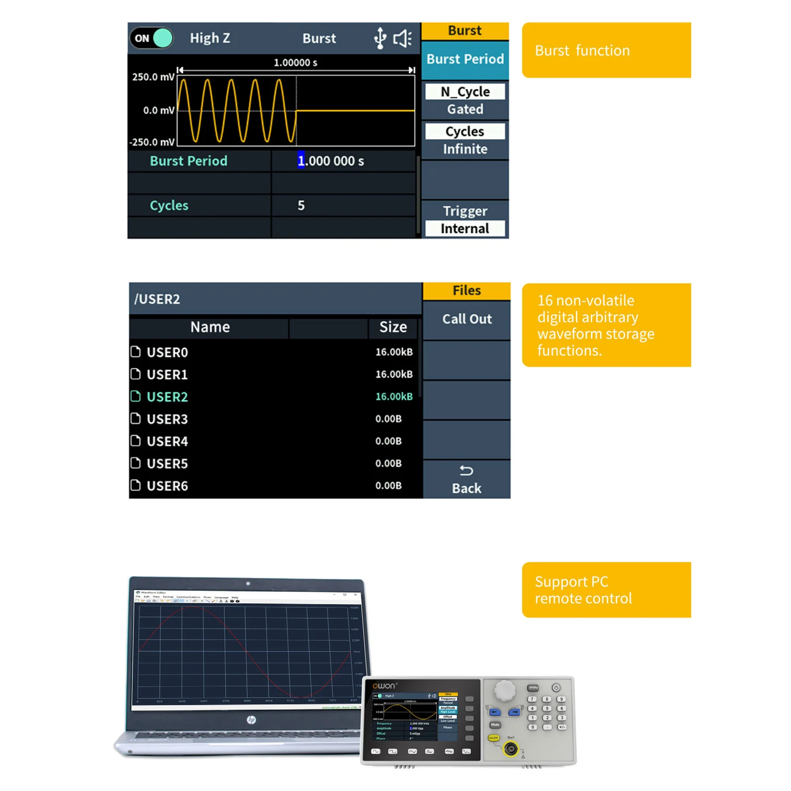 OWON DGE1060 60MHz 300MSa/s Arbitrary Waveform Generator Single Channel 3.6inch LCD Display Benchtop 14Bits Waveform Generator