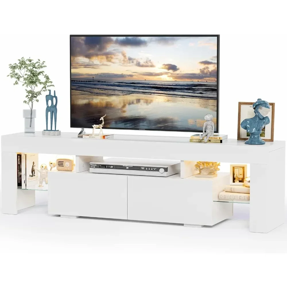 Media TV Console Table TV Stand with LED Lights Modern Entertainment Center Media and Open Shelf Console Table Storage Desk TV Stand