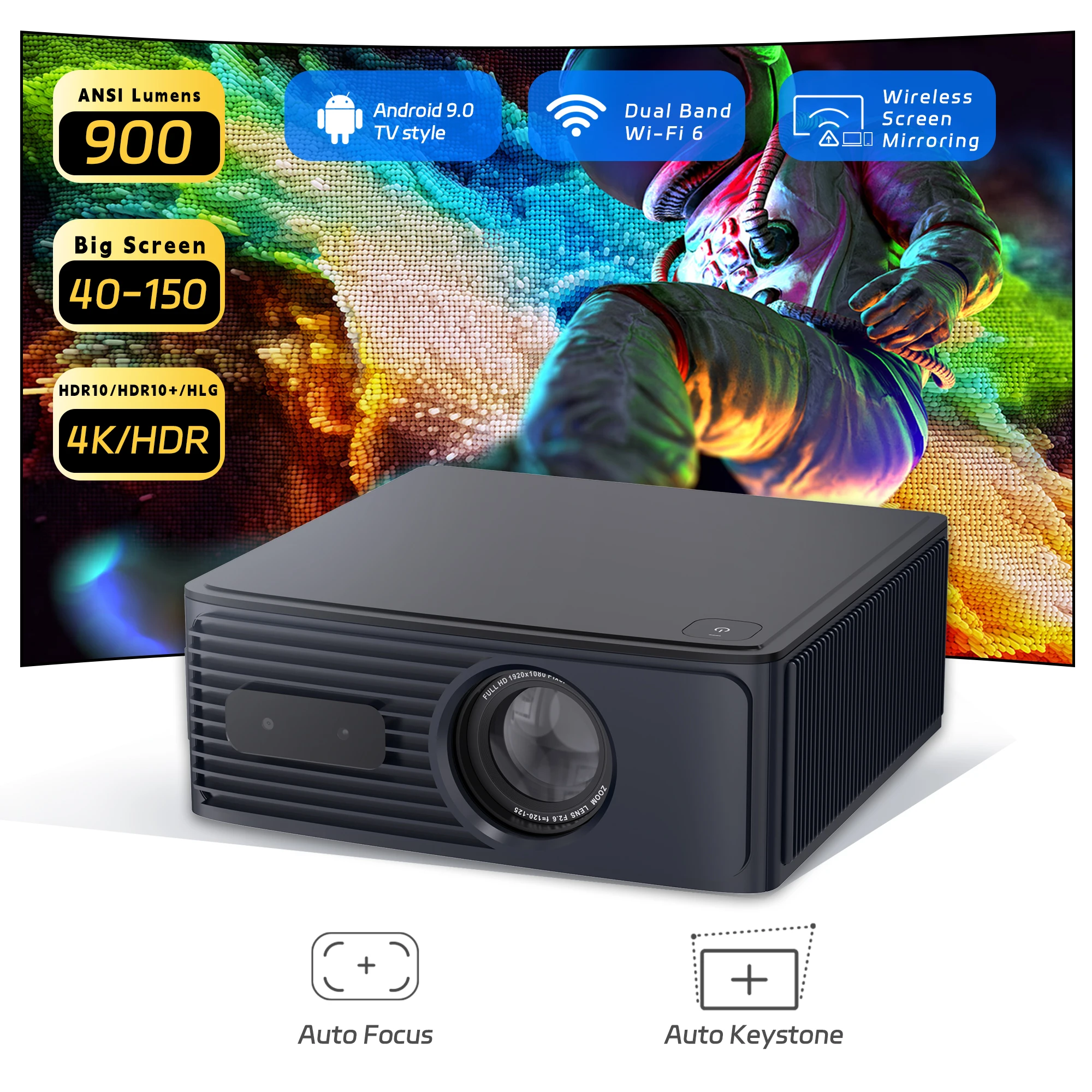 

DESS Projector with Full HD WIFI Bluetooth Synchronous Phone 900 ANSI Lumen Support 4K Video Home Theater Movie