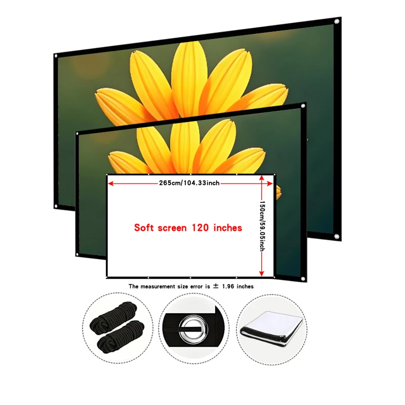 Taşınabilir ekran. Yüksek çözünürlüklü projektör, 120 inçlik bir projeksiyon ekranıyla uyumludur. Katlanabilir ve yerden tasarruf sağlar.