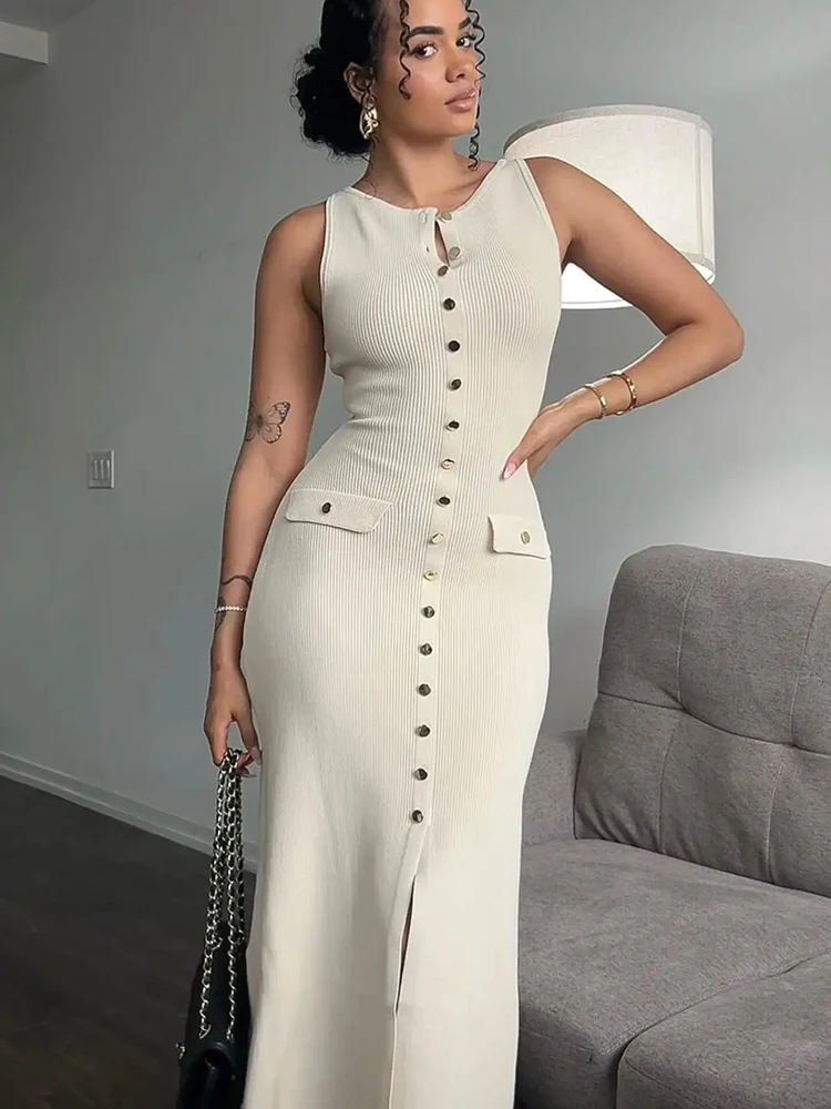 Fantoye Knitted Round Neck Button Women Maxi Dress Apricot Sleeveless High Slit Dress Summer Skinny Elegant Party Beachwear 2024