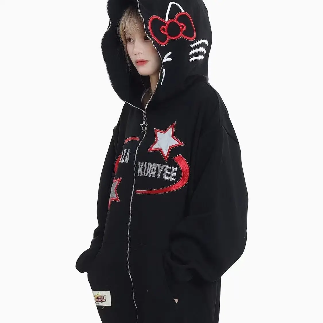 American Retro Star Embroidery Anime Hoodie Zippered Cardigan Women's Top Loose Jacket Y2k Clothes Kawaii Kpop Sweatshirts