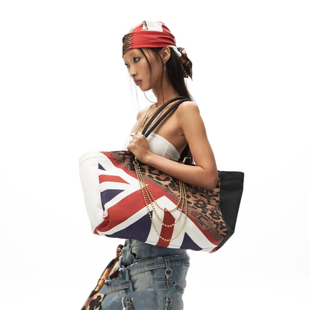 Retro Leopard Print Union Jack Chain Tote Bag Women Patchwork Large Capacity Canvas Shoulder Bag Ladies Hot Girl Y2k Handbag New
