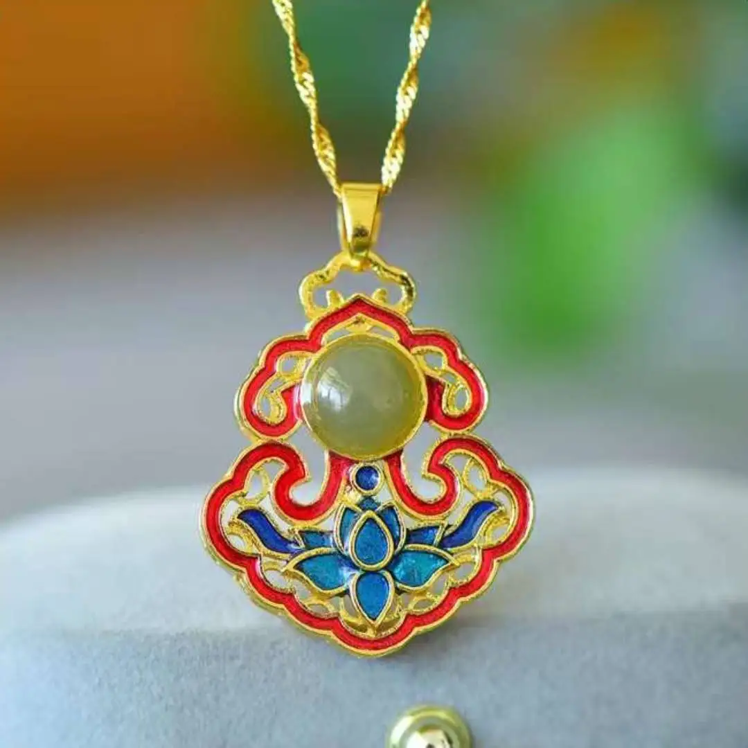 

Copper Inlaid With Natural Hetian Jade Auspicious Flower Enamel Color Pendant Women Necklace Jewellery Gifts