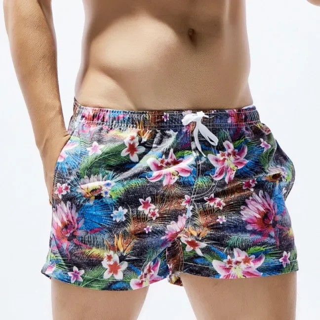 SEOBEAN Mens Board Swim Shorts Men Beach Swimming Suit Bermuda Surf Short Flowers Pattern Pocket Design for Man Sea GYM Wear swim trunks