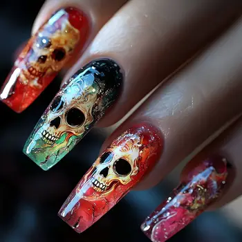 24PCS Dark Skull Roses Pattern False Nail