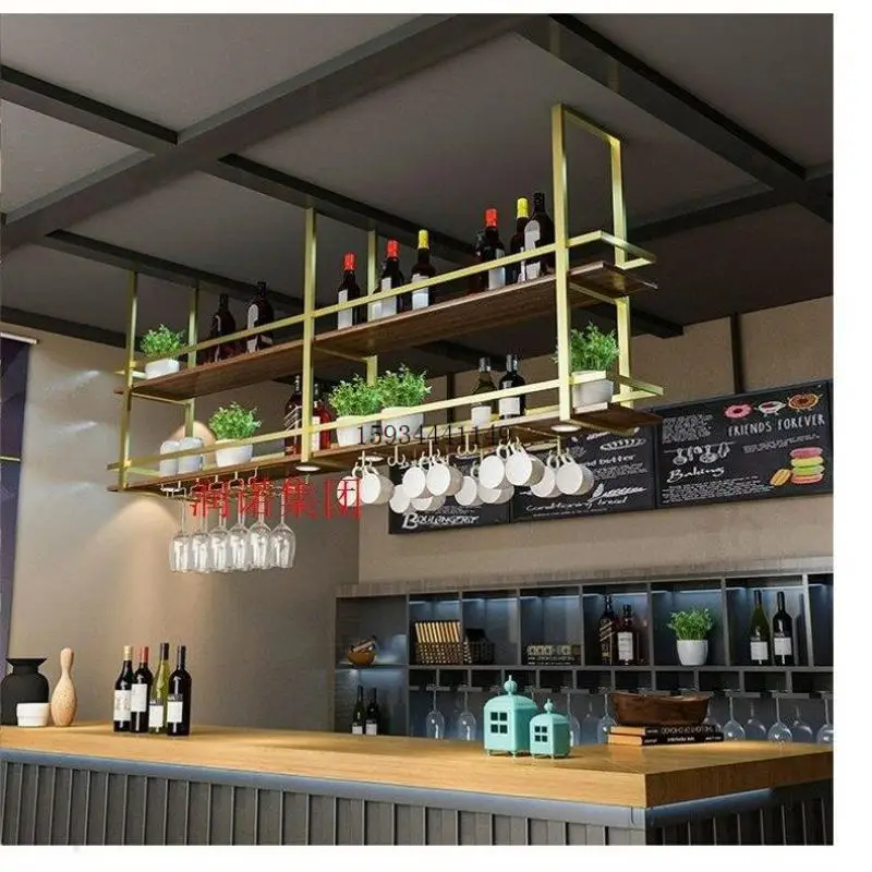 Air Hanger Wine Cabinet Ceiling Metal Industrial Hanging Bar Rack Wine Glass Manufacturers Solid Wood Bar Kitchen