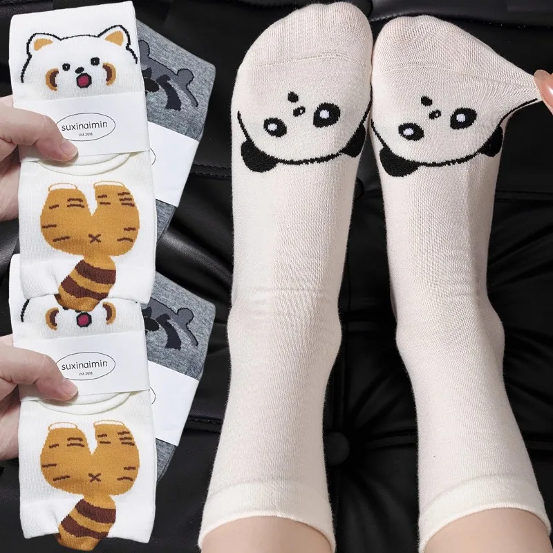 4pairs Cute Cartoon Raccoon Printed Mid Tube Cotton Socks Autumn Winter Kawaii White Socks Breathable Soft Casual Fashion Sock