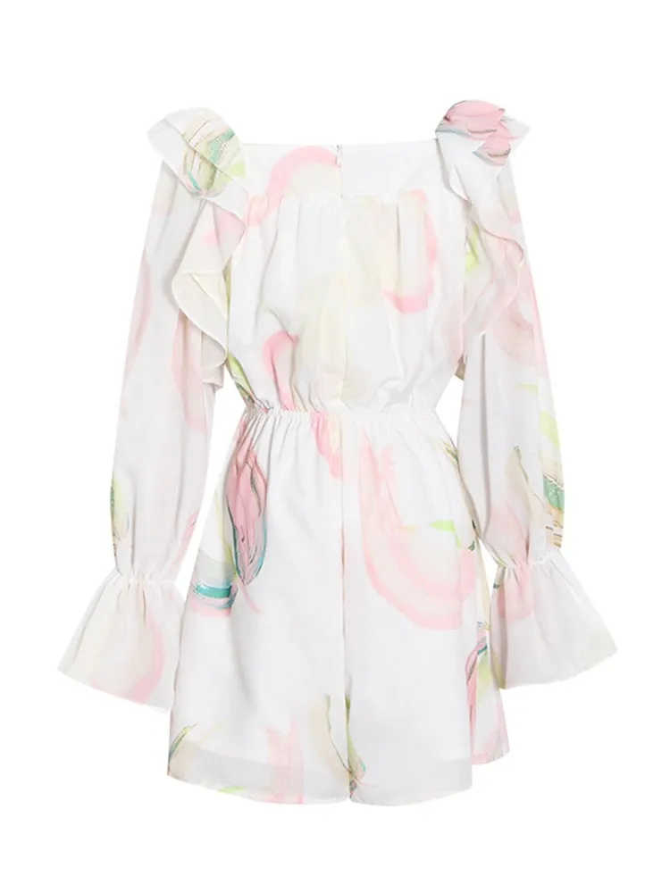 KBQ-Print Spliced Ruffles Playsuits for Women, Square Collar, Long Sleeve, High Waist,Casual Folds,Sheer Playsuits,Female Summer