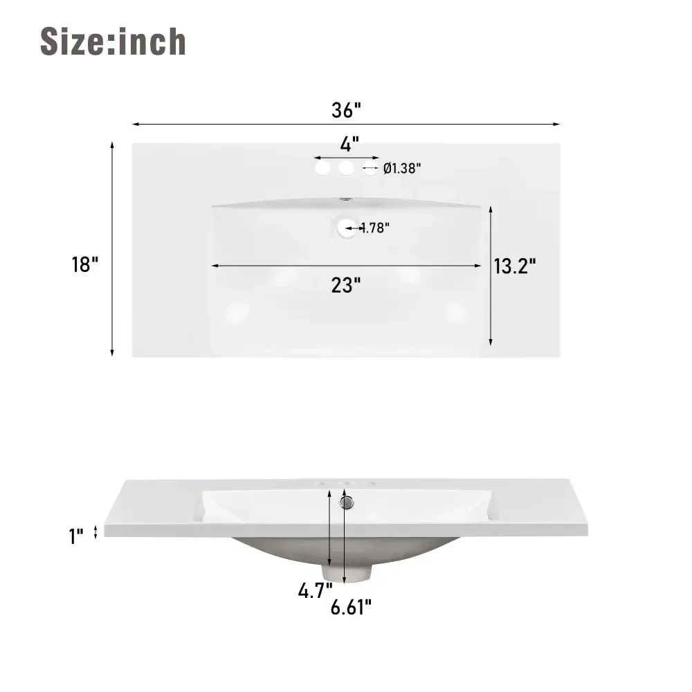 [Sink Only] 36x18" Rectangular 3 Hole Bathroom Resin Sink, Vanity Top ，Sink Only, Fits 4" Center Faucet,24x18 Inch,30x18" 5