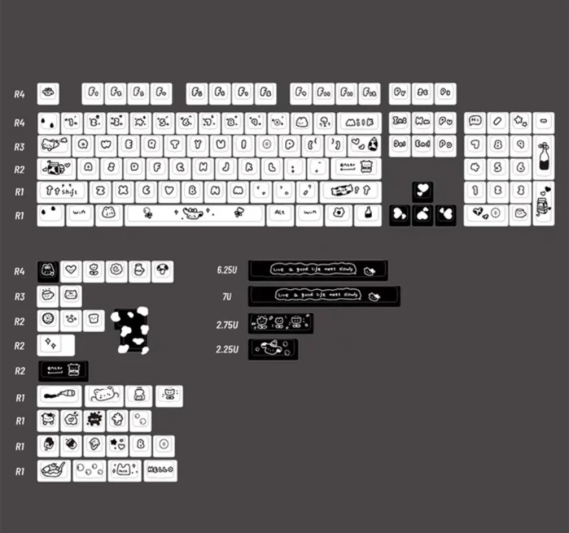 Moa-keycaps para Teclado Mecânico Pbt Keycaps 141 Chaves Vacas Preto e Branco Quadrado Sublimação Térmica Incluem 2.25 u 2.75u para Alice - Imagem 2