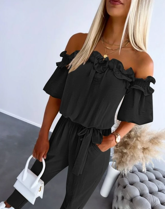Women Casual Jumpsuit 2024 Spring Summer Latest Off Shoulder Frill Hem Tied Detail Romper Short Sleeve Pocket Vacation Bodysuit