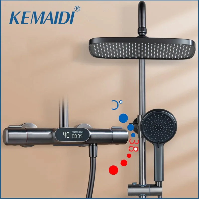 

KEMAIDI Thermostatic Shower System LED Digital Display Shower Set Solid Brass Shower Faucet Sets W/Waterfall Bathtub Mixer Grey