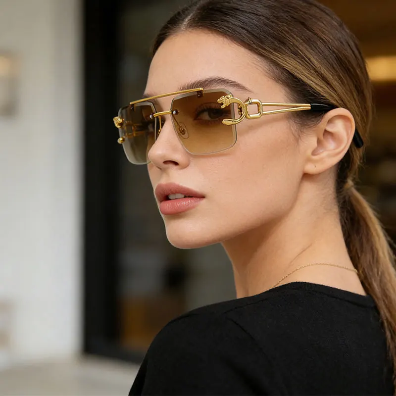 Chic Leopard Rimless Gradient Sunglasses with Double Bridges
