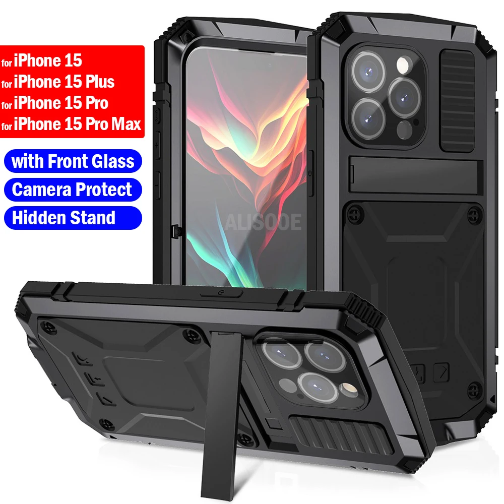 

Aluminum Metal Capa for iPhone 15 Pro Max 15 Plus Case Armor Protection Stand Front Glass Cover for iPhone 15