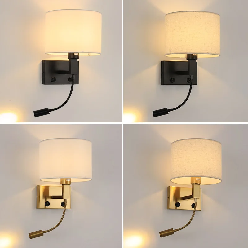 

Bedside Reading Wall Lamp with Fabric Lampshade,Switch and 360° Rotatable Spotlight LED Wall Light for Bedroom Hotel Home Decor