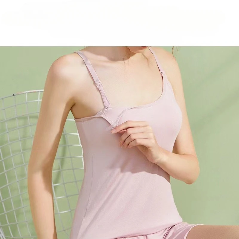 Summer New Pregnant Women's Breastfeeding Sling Vest Postnatal Feeding Clothes with Chest Pad Maternity Women Casual Nursing Top