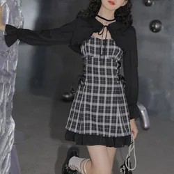 Spring Autumn New Fashion Japanese Girls Checkered Swimsuit High Waist Conservative Student Covering Belly Clothing Women Suit