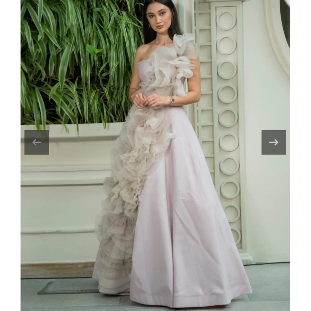 

Carolina One Shoulder Evening Dresses Women Saudi Arabia Ruffled Satin Vintage Pink Wedding Guest Elegant Formal Party Gowns