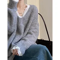 Lace Trim Warm Sweater for Women V Neck Long Sleeve Winter Loose Soft Top Knit Sweater - Image 2