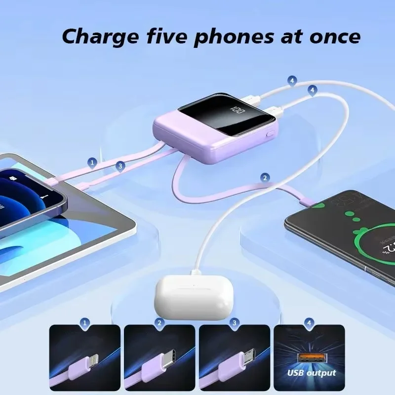 4-wire Power Bank, 20000mAh, Large Capacity Fast Charging Ultra-thin, Suitable for Mobile Phones, Universal Mobile Power Supply 4