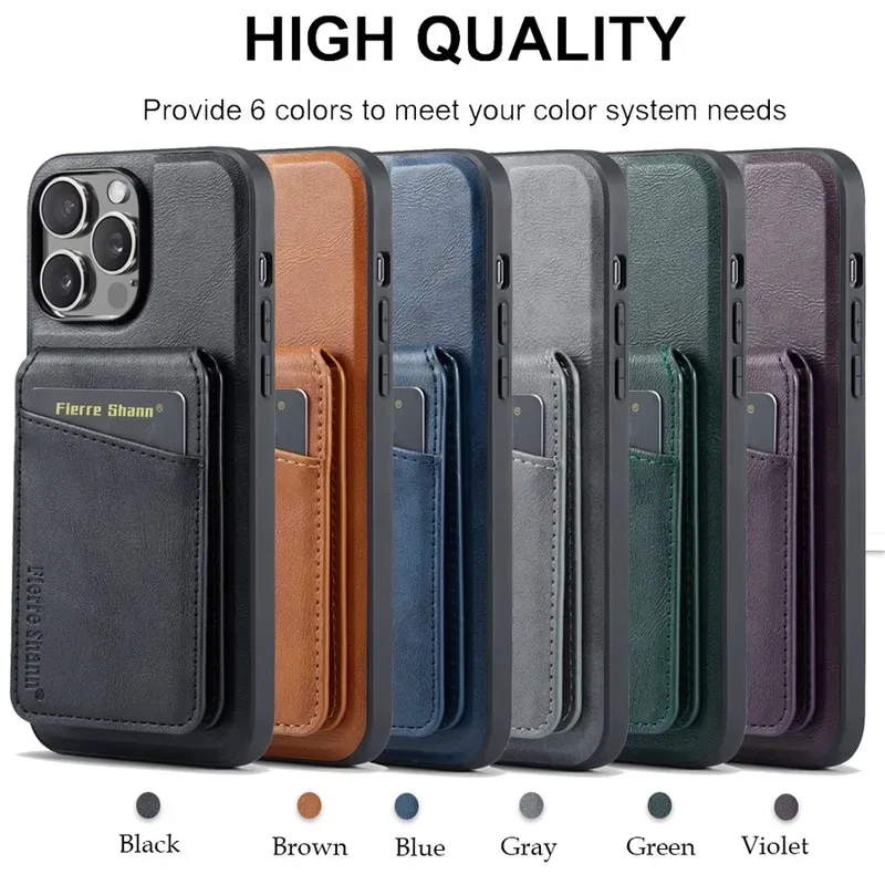 Magnetic Detachable Leather Wallet Phone Stand with Wireless Charging Compatibility