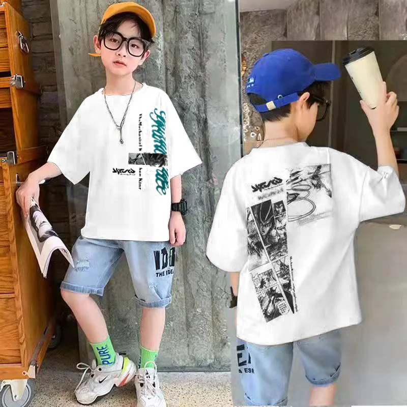 Baby Children'S Boy Clothes Summer Clothing Set 2022 New Fashion O-Neck  Letters Graffiti Tops & Jeans Two Pieces Suits 110-160 - AliExpress