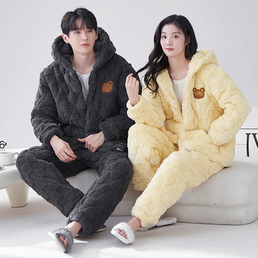 Windproof 3-layer Super Thicken Warm Pajamas for Couples Zipper Hooded Men's Winter Pajama Sets Comfortable Soft Pyjama Homme