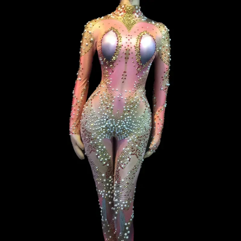 

Women Celebrate Festival Jumpsuits Bar Singer Stage Dance Costume Sparkly Crystals Rhinestones Playsuit Nude Stretch Outfit