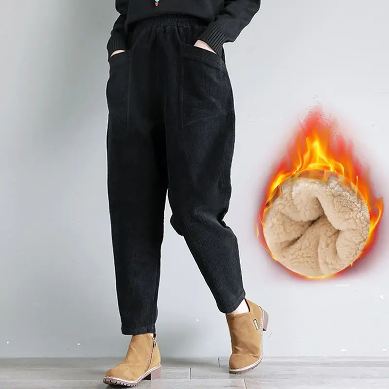 2023 Autumn and Winter Women's Velvet/Non Velvet Striped High Waist Radish Loose Solid Casual Harlan Fashion Elegant Pants
