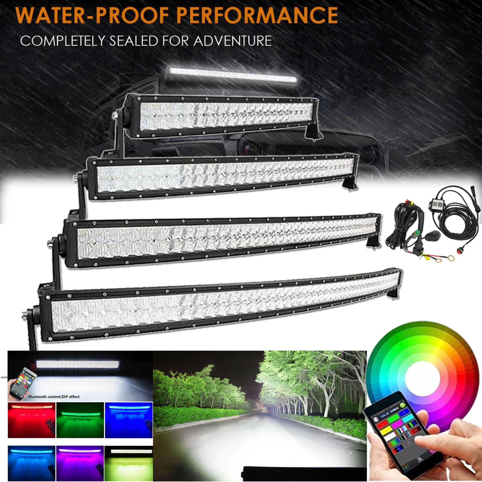 

22 32 42 50 52in RGB Curved LED Light Bar 5D Lens Spot Flood Combo Waterproof Off Road Driving with Wiring Harness for Car Truck