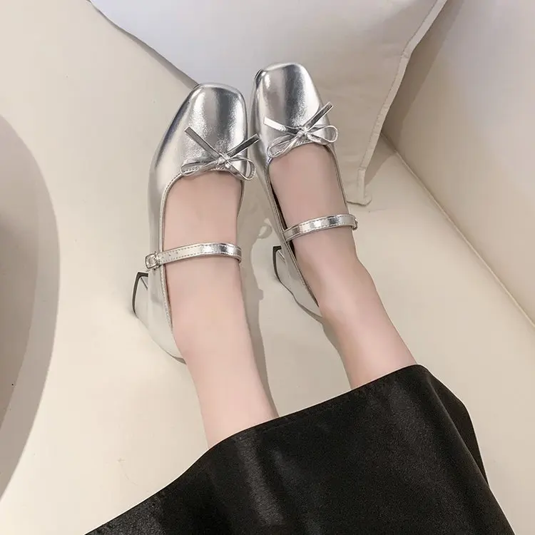 Aphixta Silver Mid Heel Pumps Sweet Bow Spring Shallow Shoes Elegant Women Mary Janes Square Toe Patent Leather Shoes Size 42