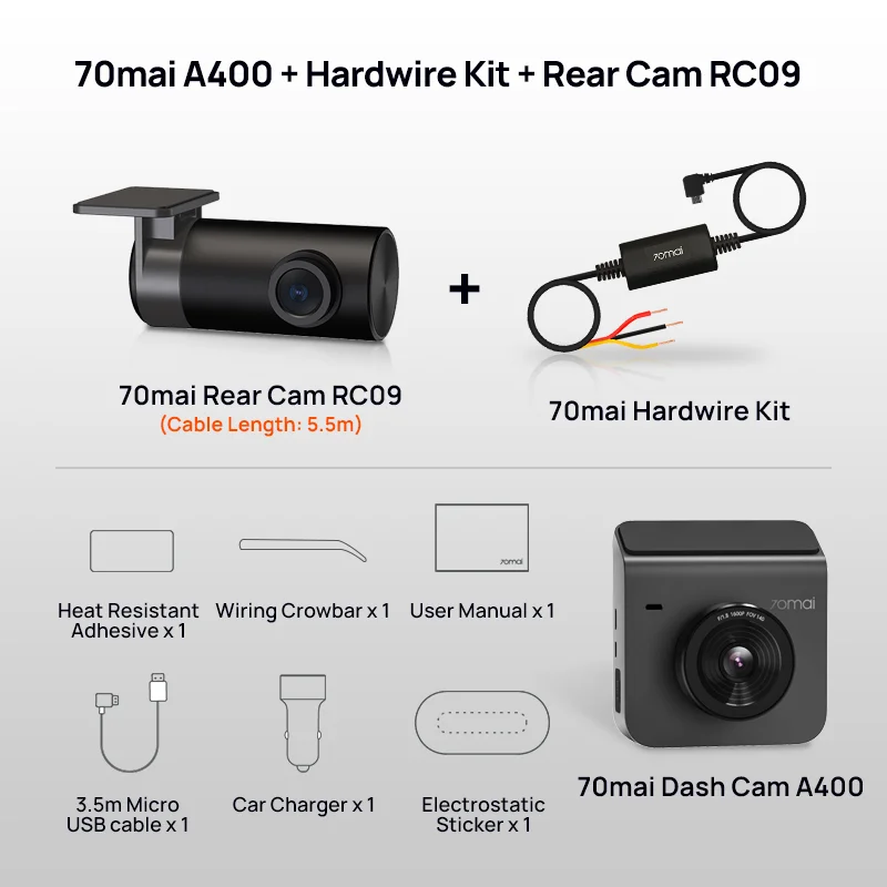 アクセサリー 70mai dash cam A400+rear cam set FOR 70mai Rear Dash Cam RC11 for A400 A800S A500S FOR 70mai