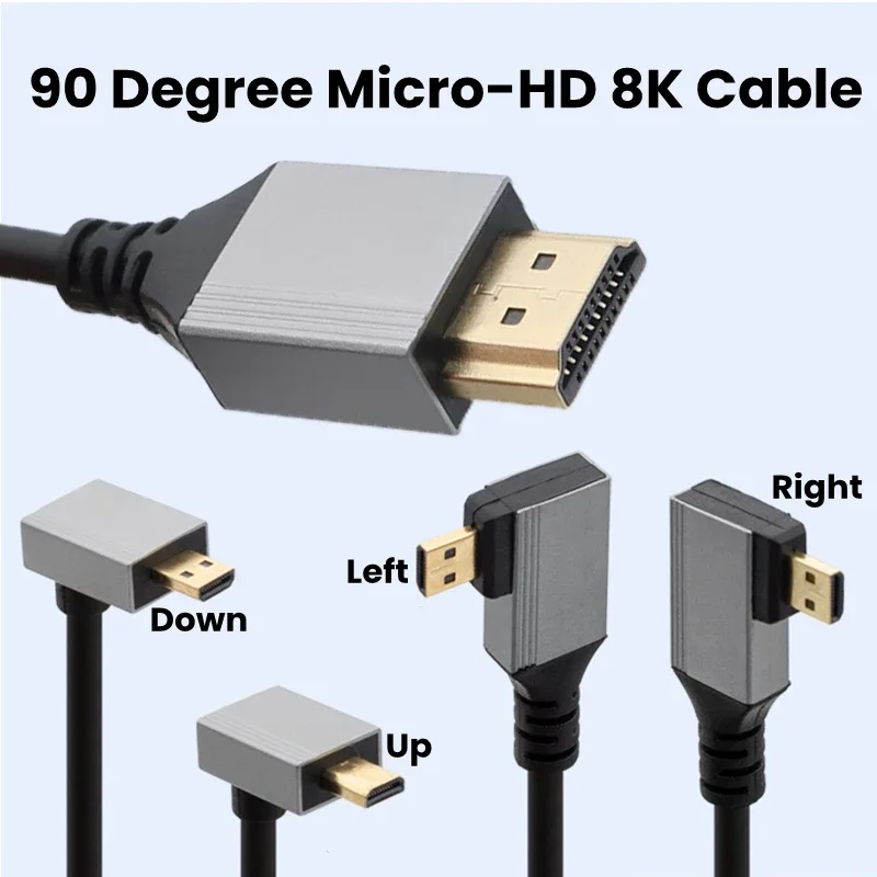 노트북 카메라 태블릿 캠코더용 얇은 코드, 8K UHD 케이블, 0.5m, 1m, 90 도 상하좌우 각도, Mini-HD Micro-HD to HD 포트