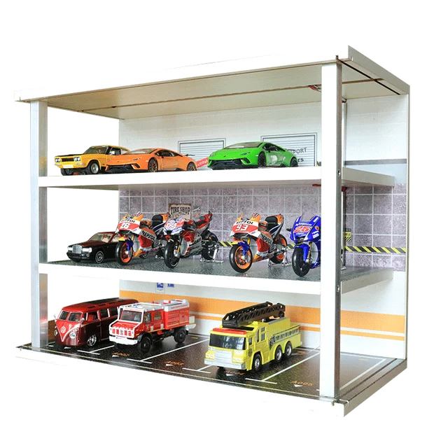 1:32 Scale Car Parking Lot Model Dustproof Storage Display Cabinet Box With Light Solid Wood Parking Room Garage Scene Toy Model 5
