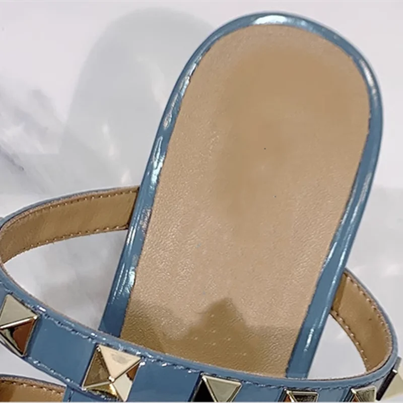 Women British Style Shoes Shiny & Matte Seam Studded Gold Heels 4/6cm Slides Front Open Toe Sandals Purple Microfiber Leather 45